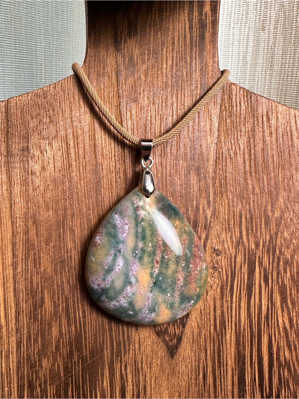 Large Multicolor India Agate Teardrop Pendant Necklace on Brown Rope